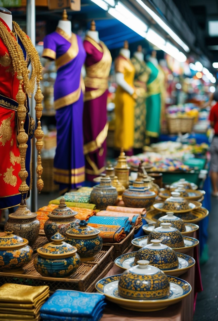 A bustling Bangkok street market with colorful traditional Thai clothing, ornate silk scarves, and intricately designed pottery on display