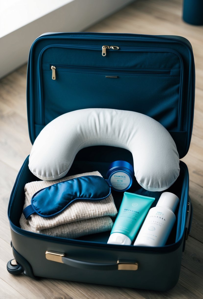 A suitcase filled with a neck pillow, cozy blanket, eye mask, and travel-sized toiletries