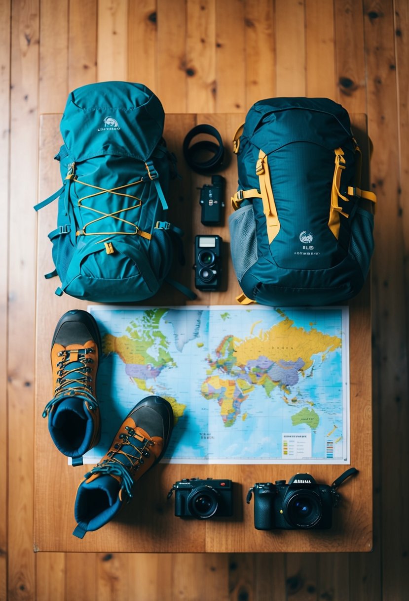 A colorful array of adventure and leisure gear laid out on a wooden table, including hiking boots, a backpack, a camera, and a map