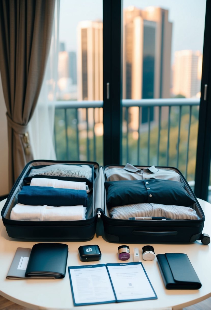 A suitcase open with neatly folded clothing, toiletries, and travel documents laid out on a table, ready to be packed for a trip to Bangkok