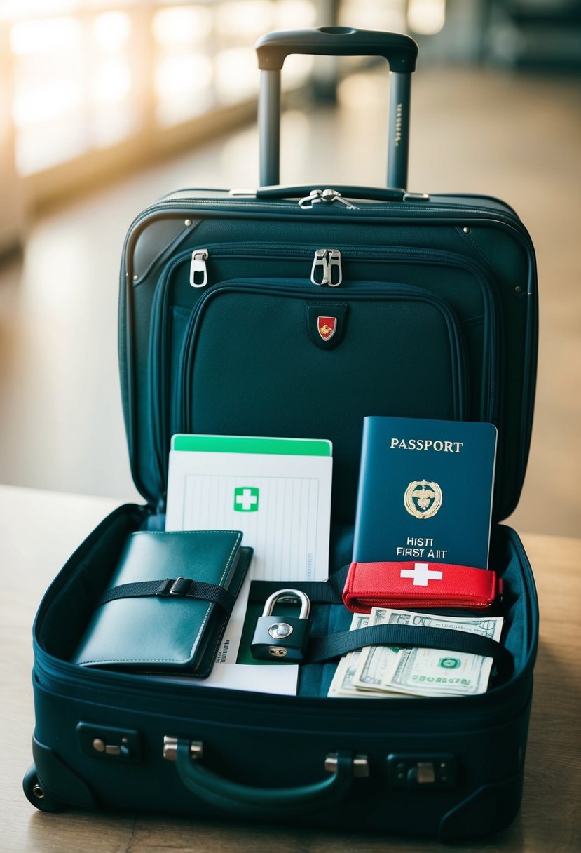 A suitcase filled with a passport, travel documents, first aid kit, lock, and money belt laid out on a table