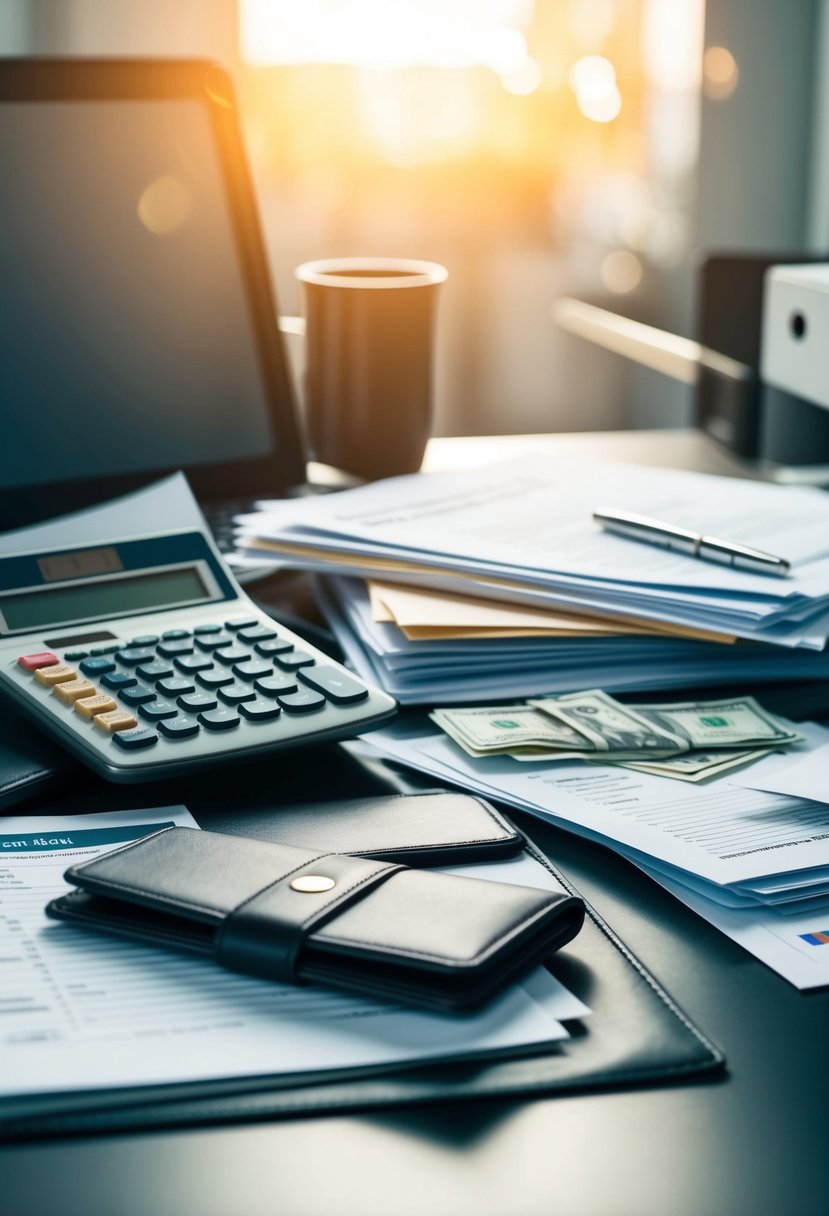 A desk cluttered with papers, folders, and a calculator. A wallet and loose bills are scattered among the documents