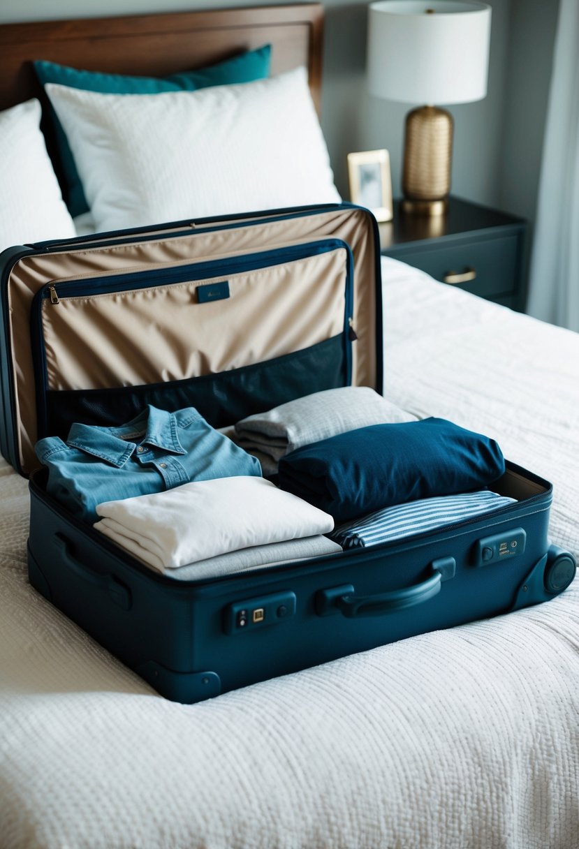 A suitcase open on a bed, filled with neatly folded clothing and personal items