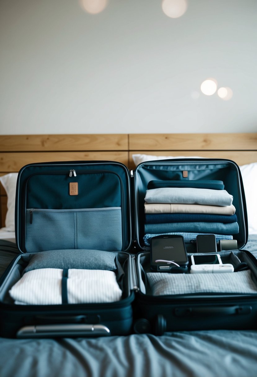 A suitcase open with neatly folded clothes, toiletries, and electronic devices laid out on a bed