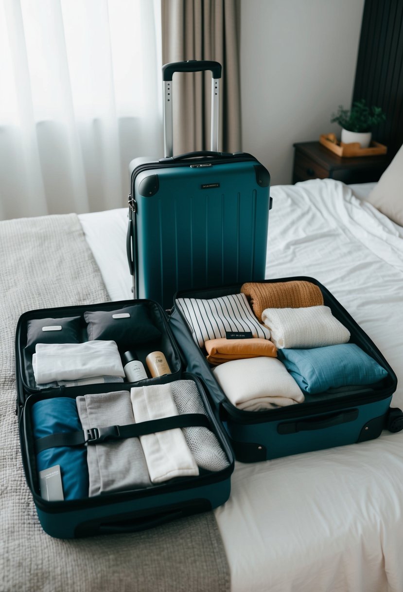 A suitcase open with neatly folded clothes, toiletries, and travel essentials laid out on a bed, ready to be packed for a trip to Seoul