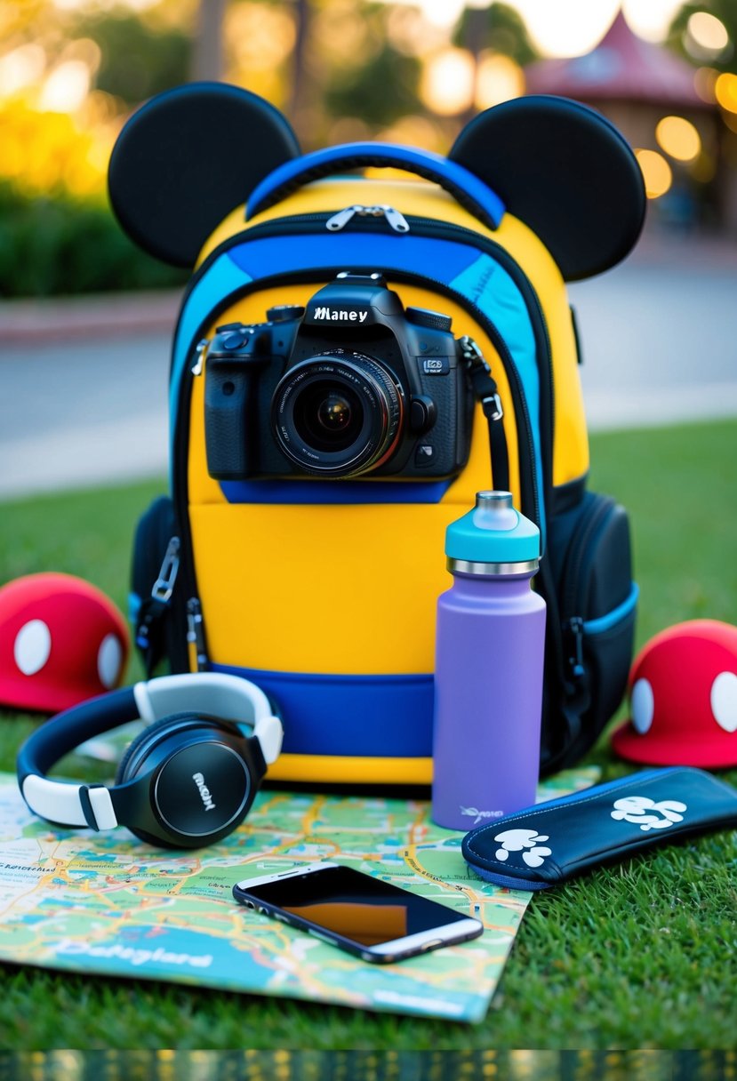 A colorful backpack filled with camera, smartphone, portable charger, headphones, and water bottle, surrounded by Mickey Mouse ears and a map of Disneyland