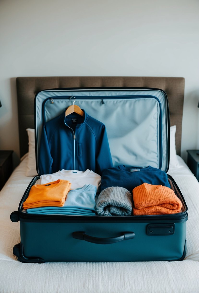 A suitcase open on a bed, filled with comfortable clothing for warm and cool weather, including t-shirts, shorts, sweaters, and a rain jacket