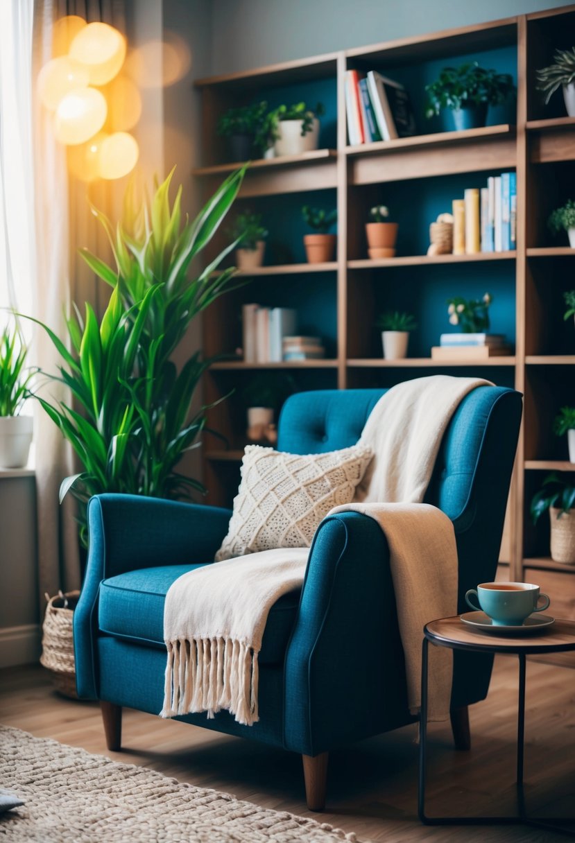 A cozy living room with a bookshelf, plants, and a comfortable armchair. A warm blanket is draped over the armchair, and a cup of tea sits on a side table