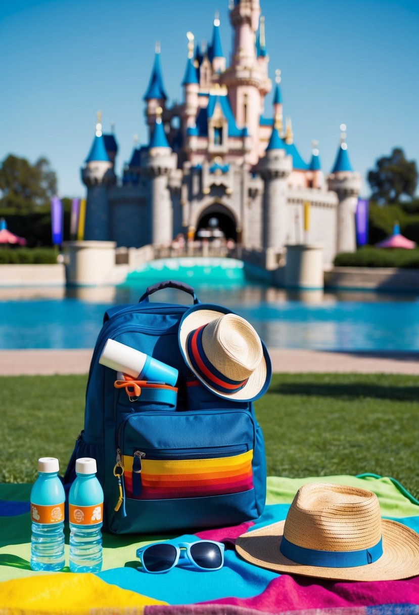 A backpack filled with water bottles, sunscreen, sunglasses, and a wide-brimmed hat laid out on a colorful picnic blanket in front of the iconic Disneyland castle