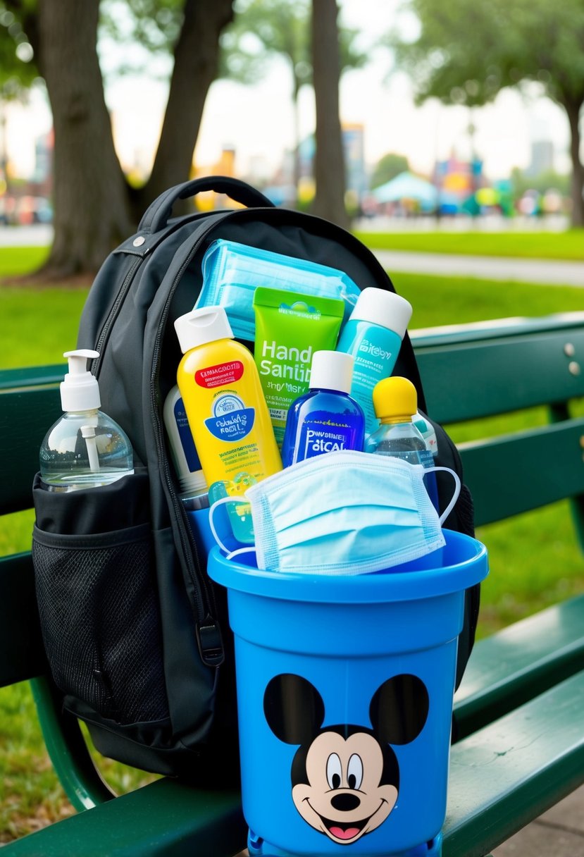 A backpack filled with hand sanitizer, face masks, sunscreen, and water bottles sits on a park bench near a Mickey Mouse-shaped trash can