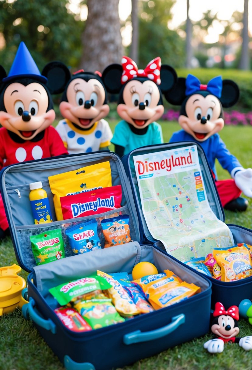 A family's suitcase open, filled with snacks, sunscreen, and a map of Disneyland, surrounded by excited children's toys and Mickey Mouse ears