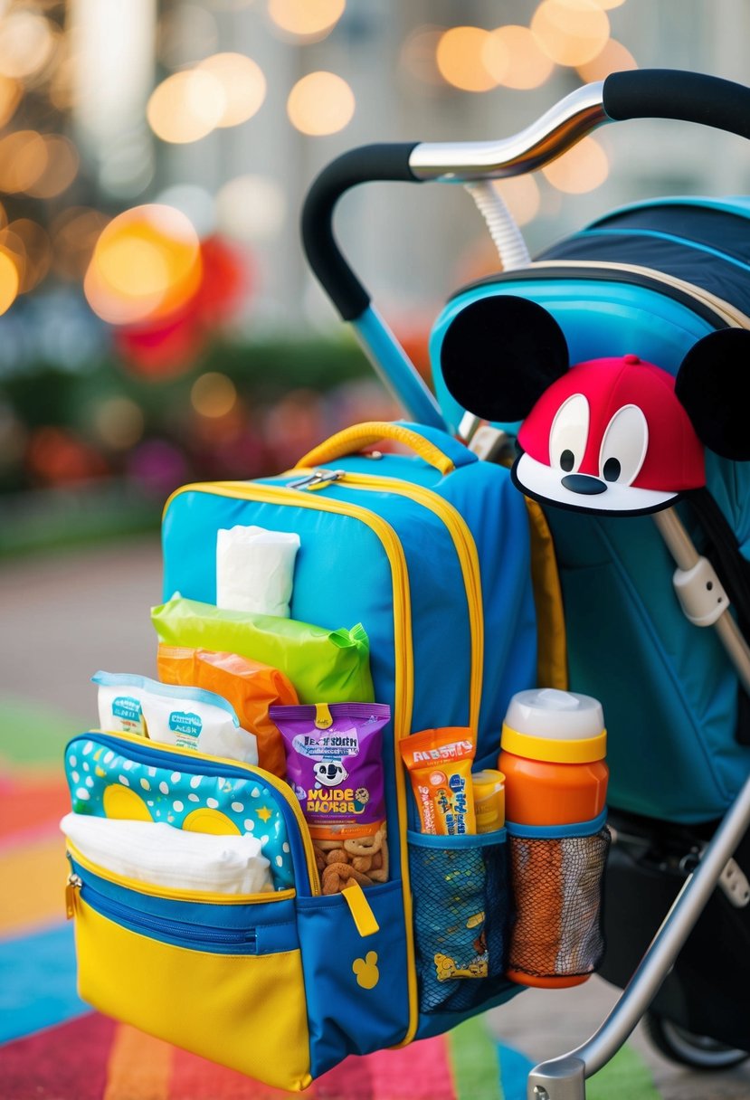 A colorful backpack filled with diapers, wipes, snacks, and sunscreen sits next to a stroller with a Mickey Mouse ear hat hanging from the handle