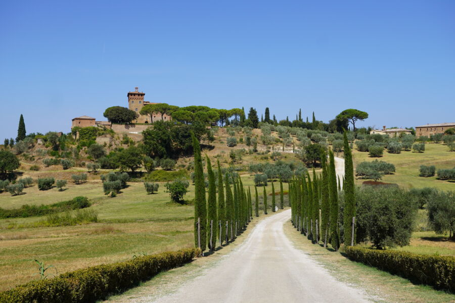 Scenic view of Val d'Orcia, Tuscany, showcasing a picturesque road winding through lush hills and charming landscapes