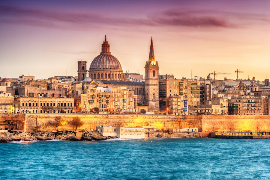 Valletta, Malta: skyline from Marsans Harbour at sunset