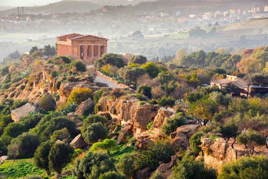 Aerial view of Agrigento, Sicily, showcasing the UNESCO-listed Valle dei Templi and its ancient Greek ruins