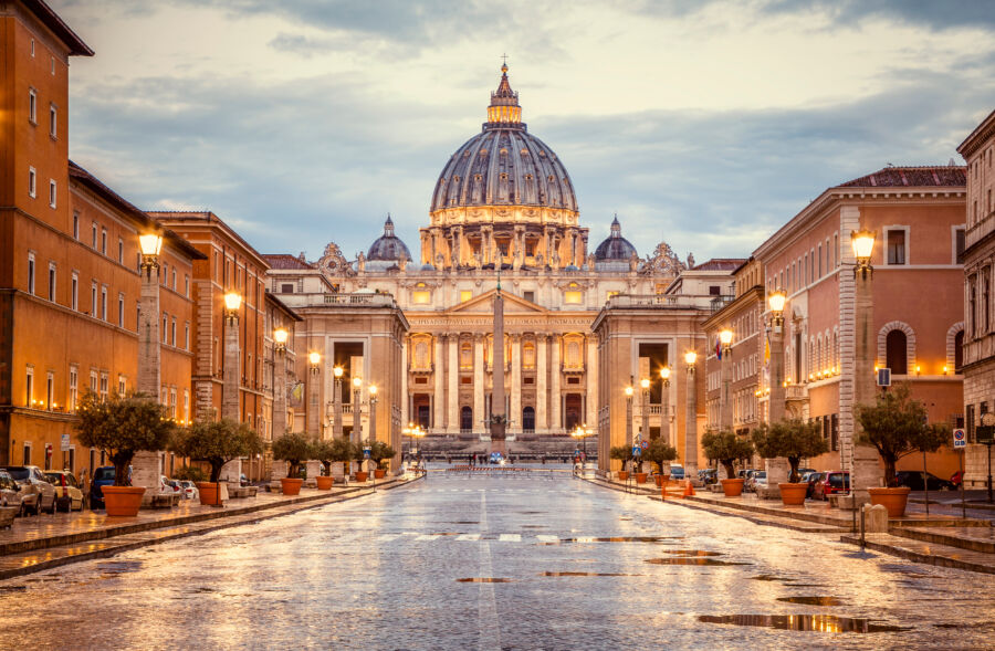 St. Peter's Basilica in the evening from Via della Conciliazione