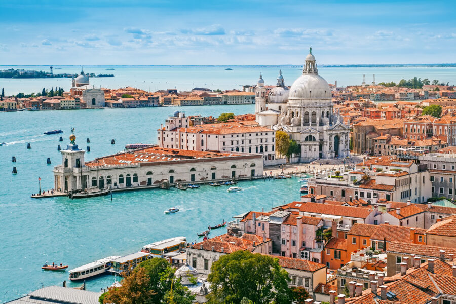 Panoramic aerial cityscape of Venice with Santa Maria della Salute church, Venice, Italy