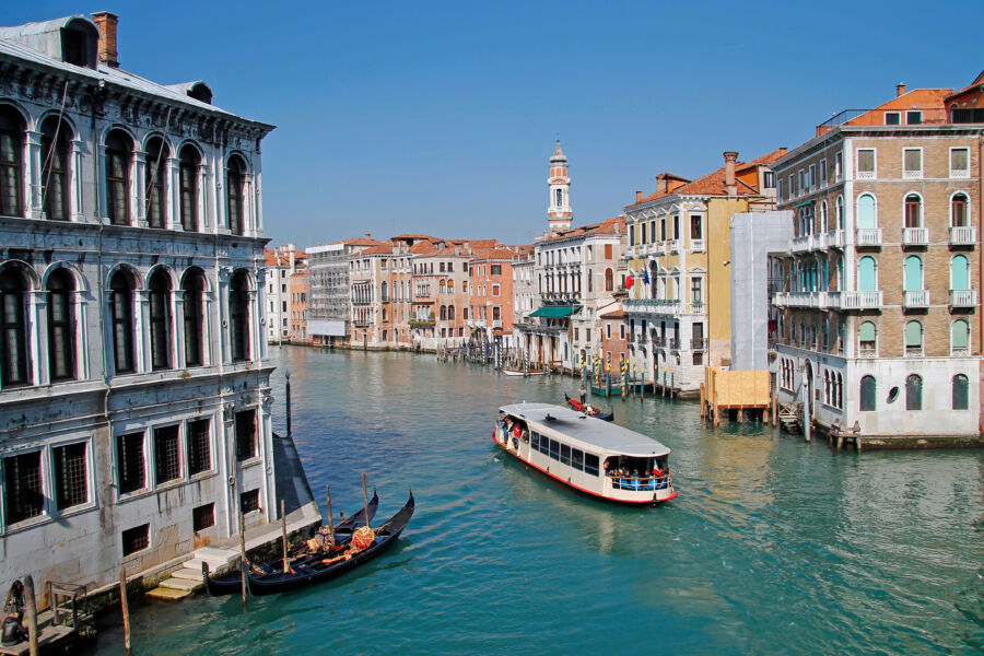 Panoramic view of Venice, Italy, showcasing vaporetti navigating the serene canals amidst historic architecture