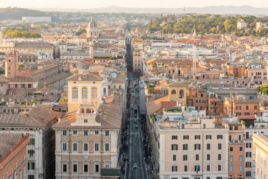 Scenic view from the Vittoriano in Rome, looking down Via del Corso towards Piazza del Popolo and the surrounding town