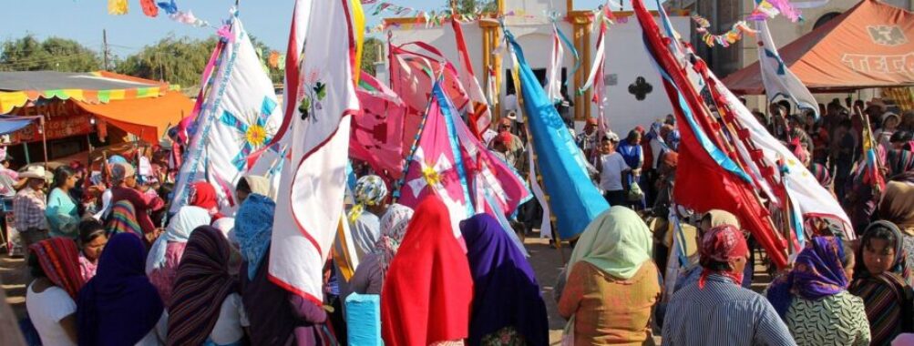 Cultural festival with diverse crowd in traditional clothing, flags, and decorated religious building.