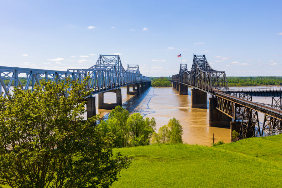 Vicksburg's bridges crossing the Mississippi River, uniting Louisiana and Mississippi, with picturesque landscapes