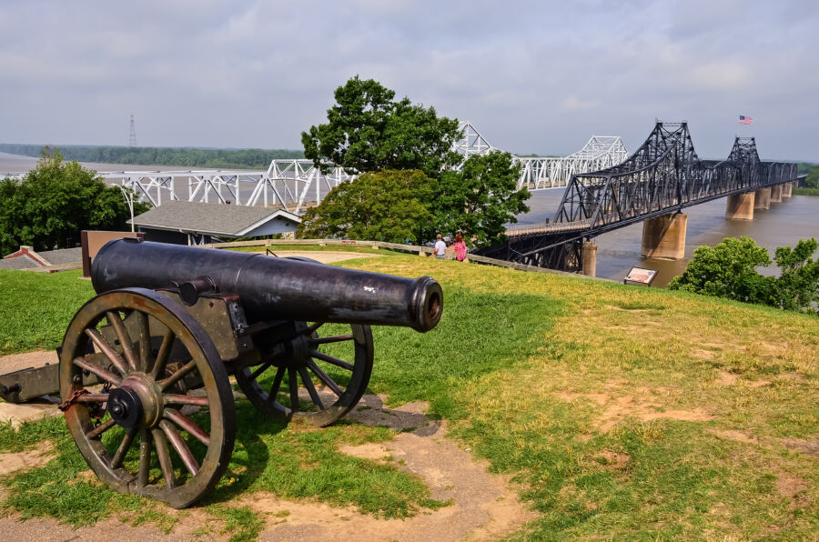 Scenic view of the Mississippi River featuring a cannon and the Mississippi River Bridge from Vicksburg