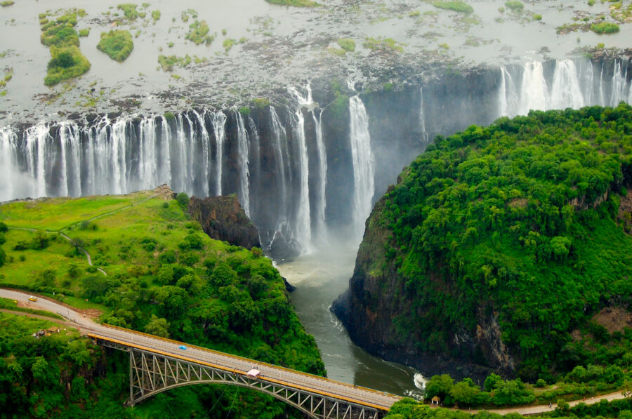 Aerial view of Victoria Falls, showcasing the stunning natural beauty between Zambia and Zimbabwe