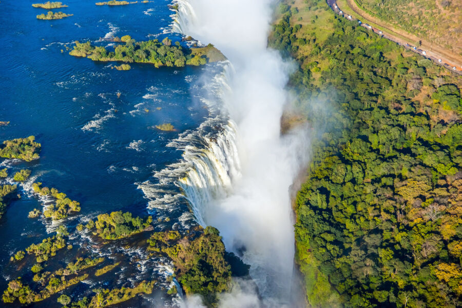 Bird eye view of the Victoria falls waterfall on Zambezi river