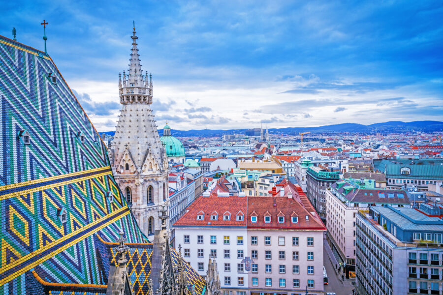 Aerial view of Vienna's skyline showcasing iconic landmarks, highlighting the beauty of Austria's capital city