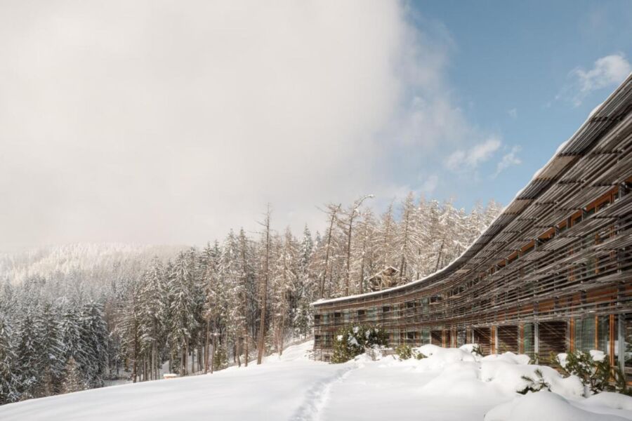 Exterior of Vigilius Mountain Resort in Lana, Italy