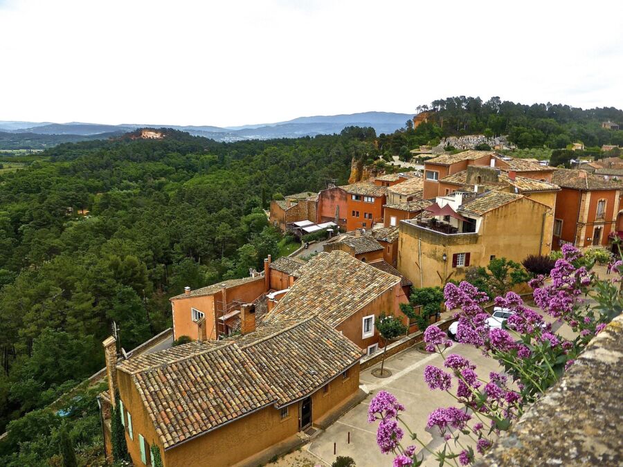 Picturesque village in lush landscape with earthy-tone buildings, vibrant flowers, and rolling hills.