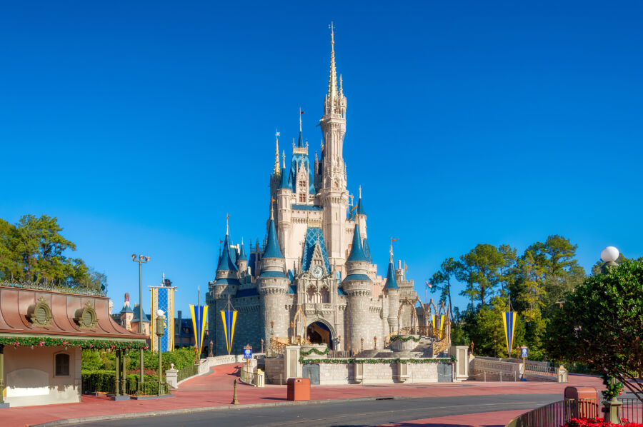 The iconic Cinderella Castle, a fairy tale landmark, graces Walt Disney World's Magic Kingdom in Orlando, Florida