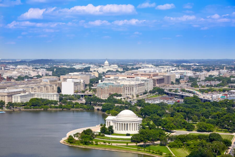 Aerial view of the Thomas Jefferson Memorial in Washington, DC, showcasing its iconic dome 