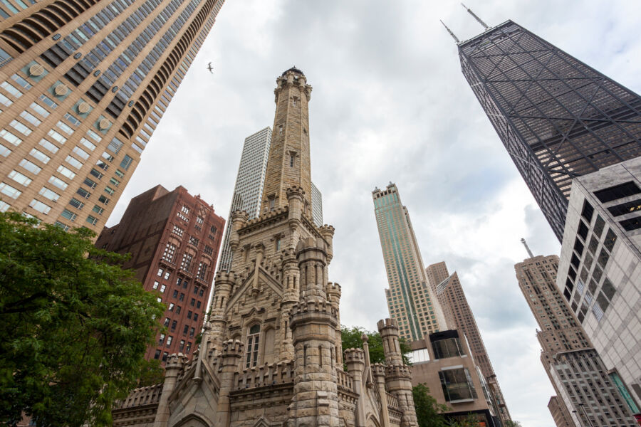 Chicago's water towers stand tall, showcasing the city's architectural diversity and urban landscape