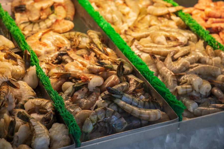 Wild caught jumbo pink shrimp displayed in a glass refrigerator in Georgia