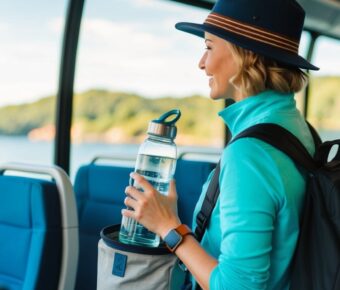 A traveler using reusable water bottle, packing light, and using public transportation to explore a scenic, eco-friendly destination