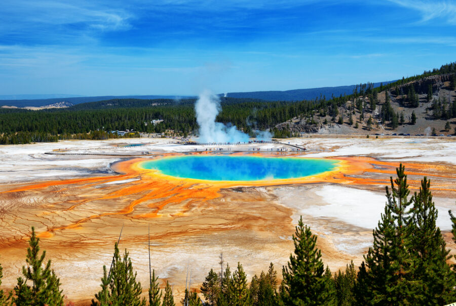 Aerial view of Grand Prismatic Springs, Yellowstone National Park, Wyoming, featuring brilliant hues and unique geothermal features