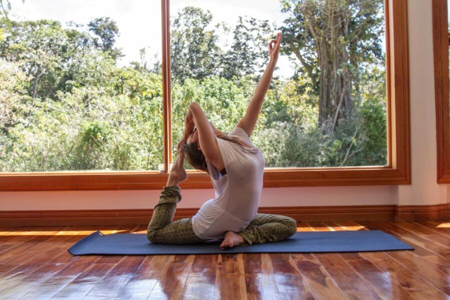 Person practicing a complex yoga pose indoors with natural light and lush greenery outside.